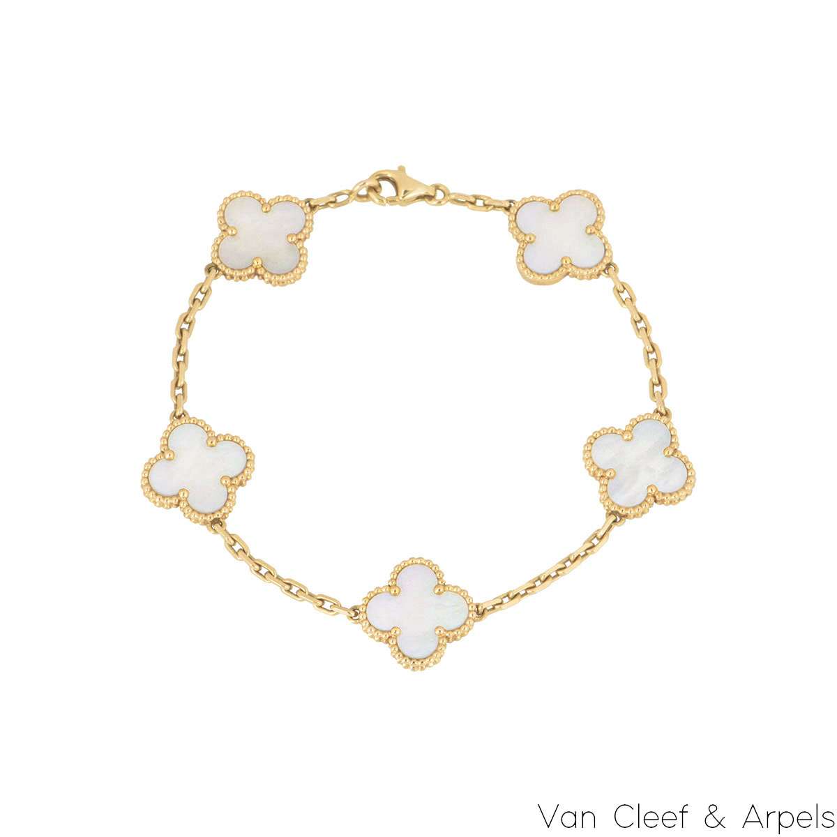 Van Cleef & Arpels Yellow Gold Mother of Pearl Vintage Alhambra 5 Motif Bracelet VCARA41800 Van Cleef & Arpels Yellow Gold Mother of Pearl Vintage Alhambra 5 Motif Bracelet VCARA41800